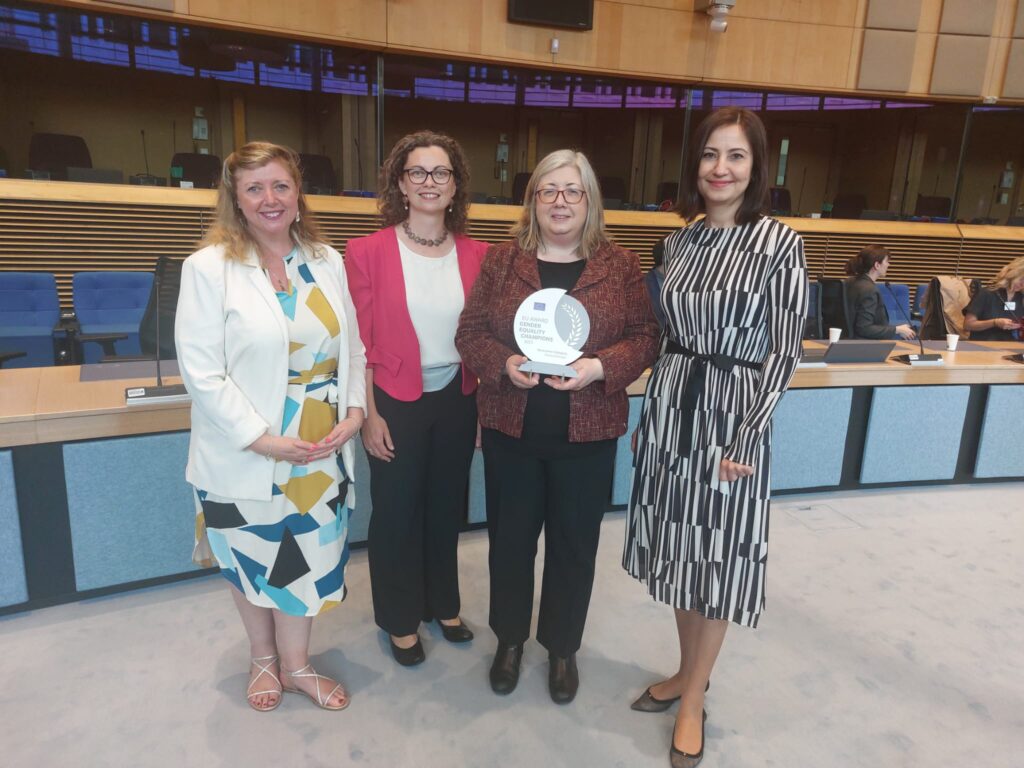 TUS EDI Officer Trish Bourke, TUS VP for People, Culture and EDI Marian Duggan, TUS EDI Manager Dr Carol Wrenn and European Commissioner for Innovation, Research, Culture, Education and Youth Iliana Ivanova are pictured at the European Commission Gender Equality Awards 2024, where TUS was named EU Newcomer Gender Equality Champion 2024.